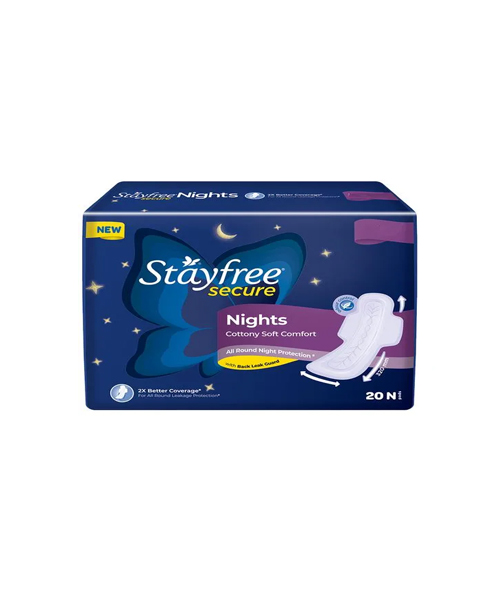 STAYFREE Secure Nights Sanitary Pad - Cottony Soft Comfort & Back Leak  Guard, 18 Pcs