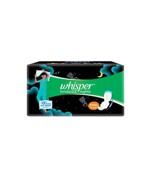 Whisper Bindazzz Nights Sanitary Pads - Double Huge Wings, Wider Back,  XXXL, 10 Pcs - Daily Growcer